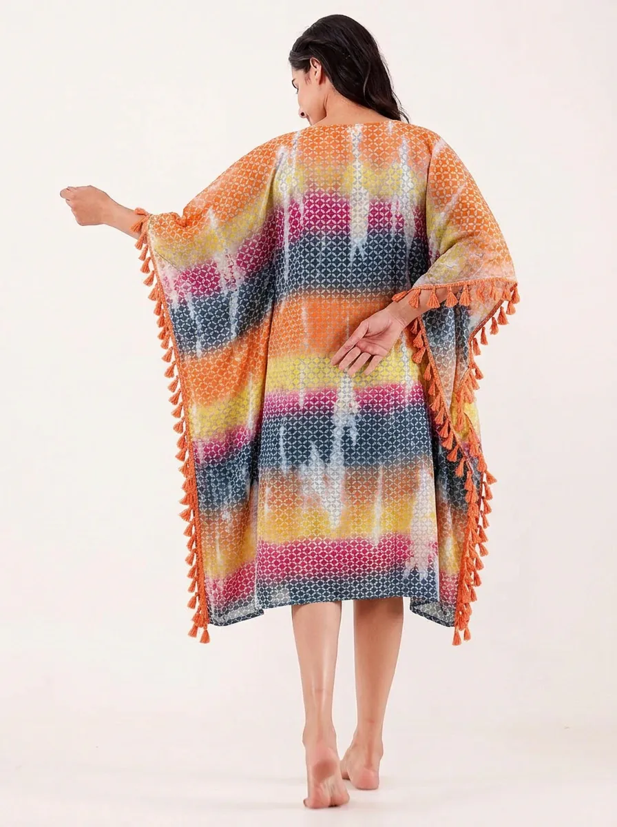 Multi Tie-Dye Cotton Kaftan with Tassel Trim - Image 4