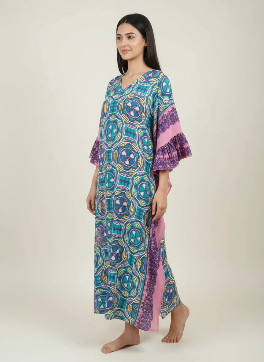 Geometric Printed Viscose Kaftan with Frill Sleeves - Image 2