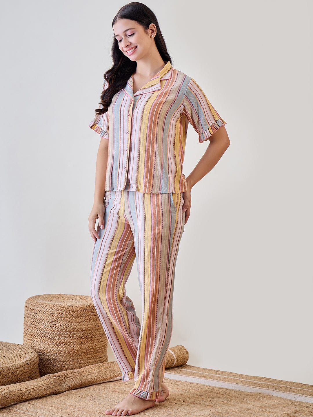 Multicoloured Viscose Crinkled Striped Pyjama Set - Image 3