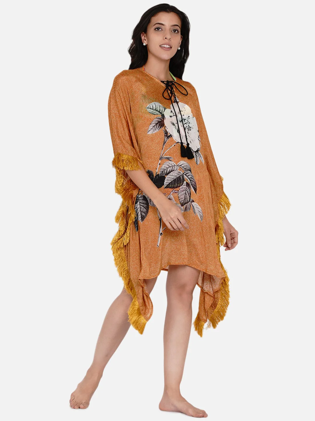 Mustard Illustrated Flower Sheer Kaftan Coverup - Image 4