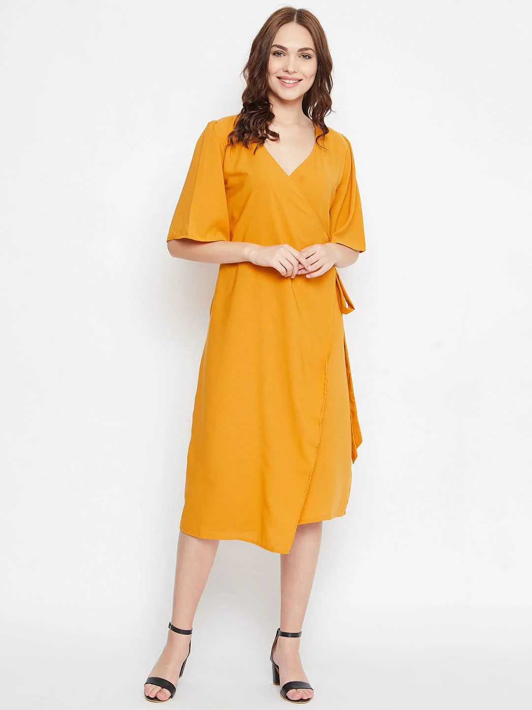 MUSTARD SOLID WORKWEAR WRAP DRESS