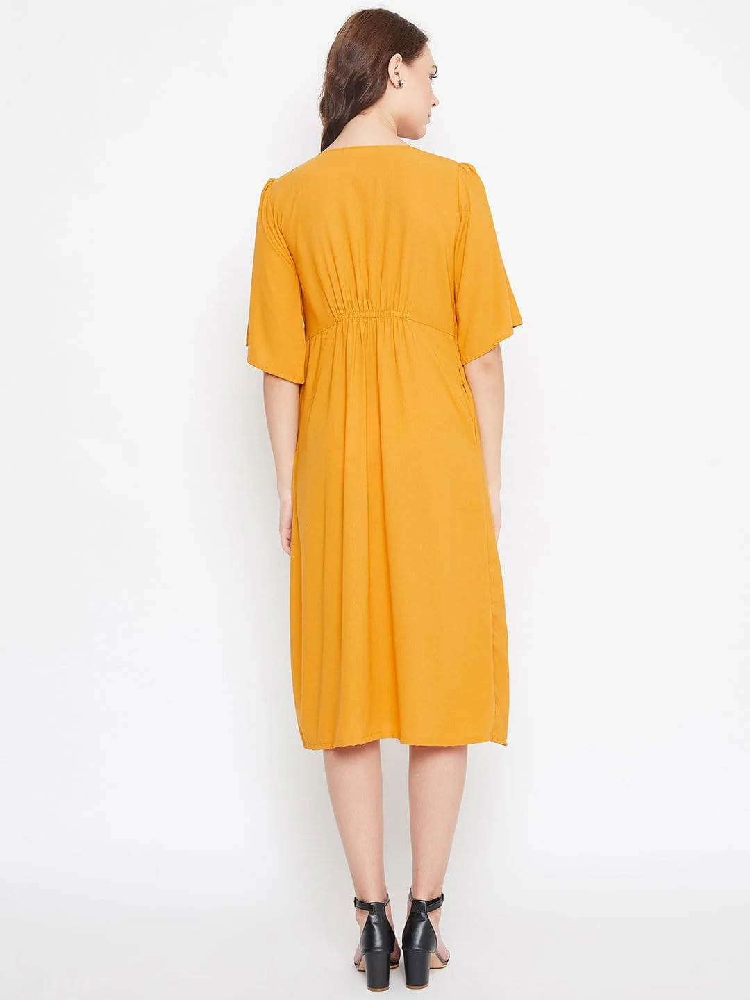 MUSTARD SOLID WORKWEAR WRAP DRESS - Image 5