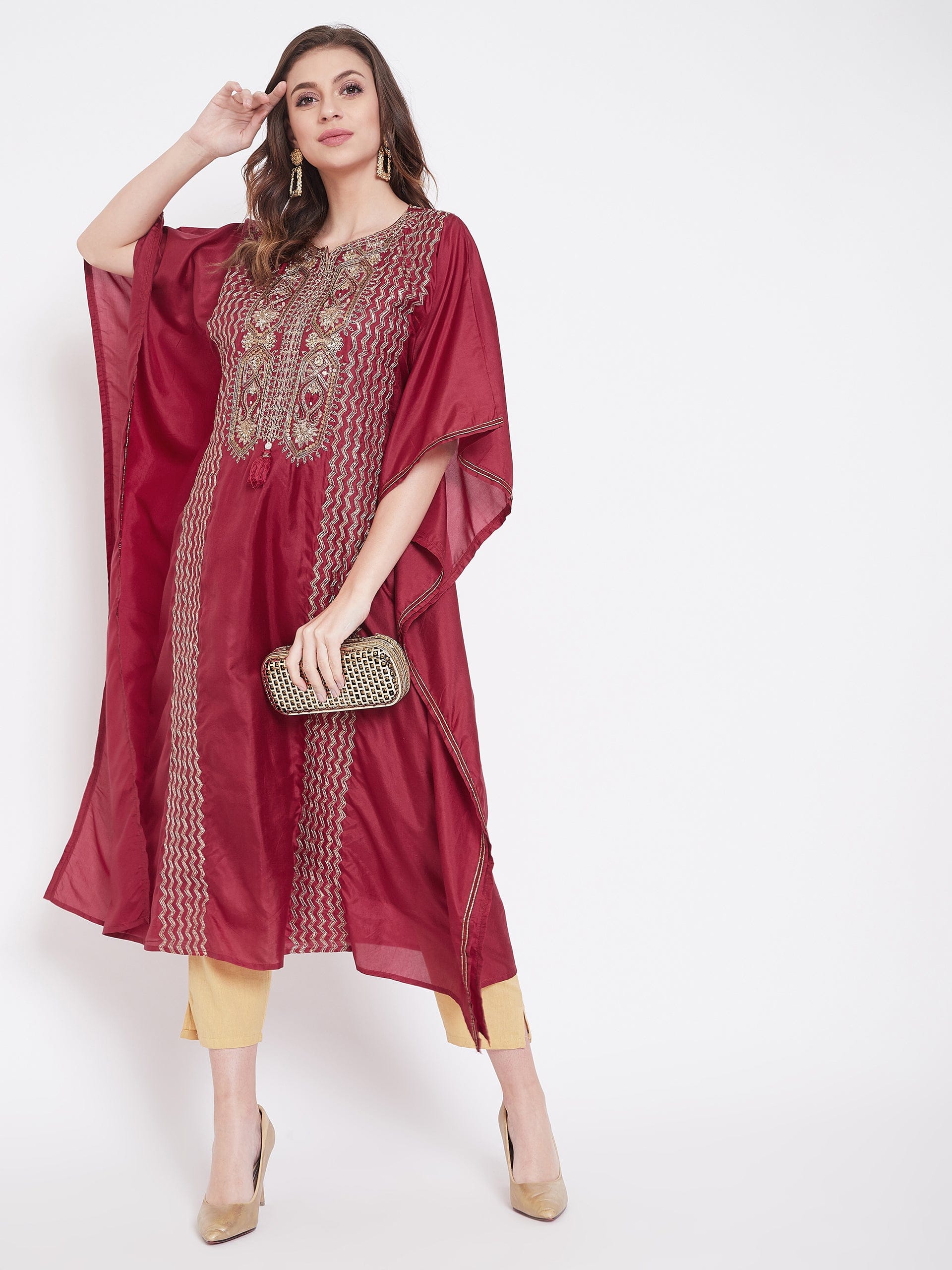 Golden Maroon Zari Embroidery Silk Kaftan - Image 6