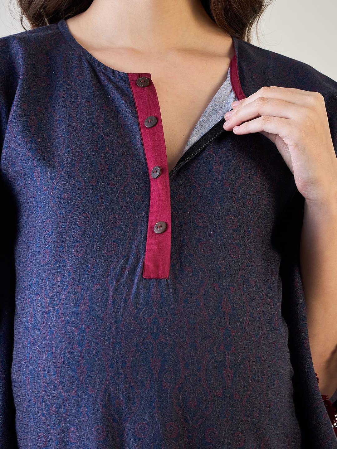 Navy Blue and Red Paisley Print Maternity Kaftan with Feeding Zip - Image 5