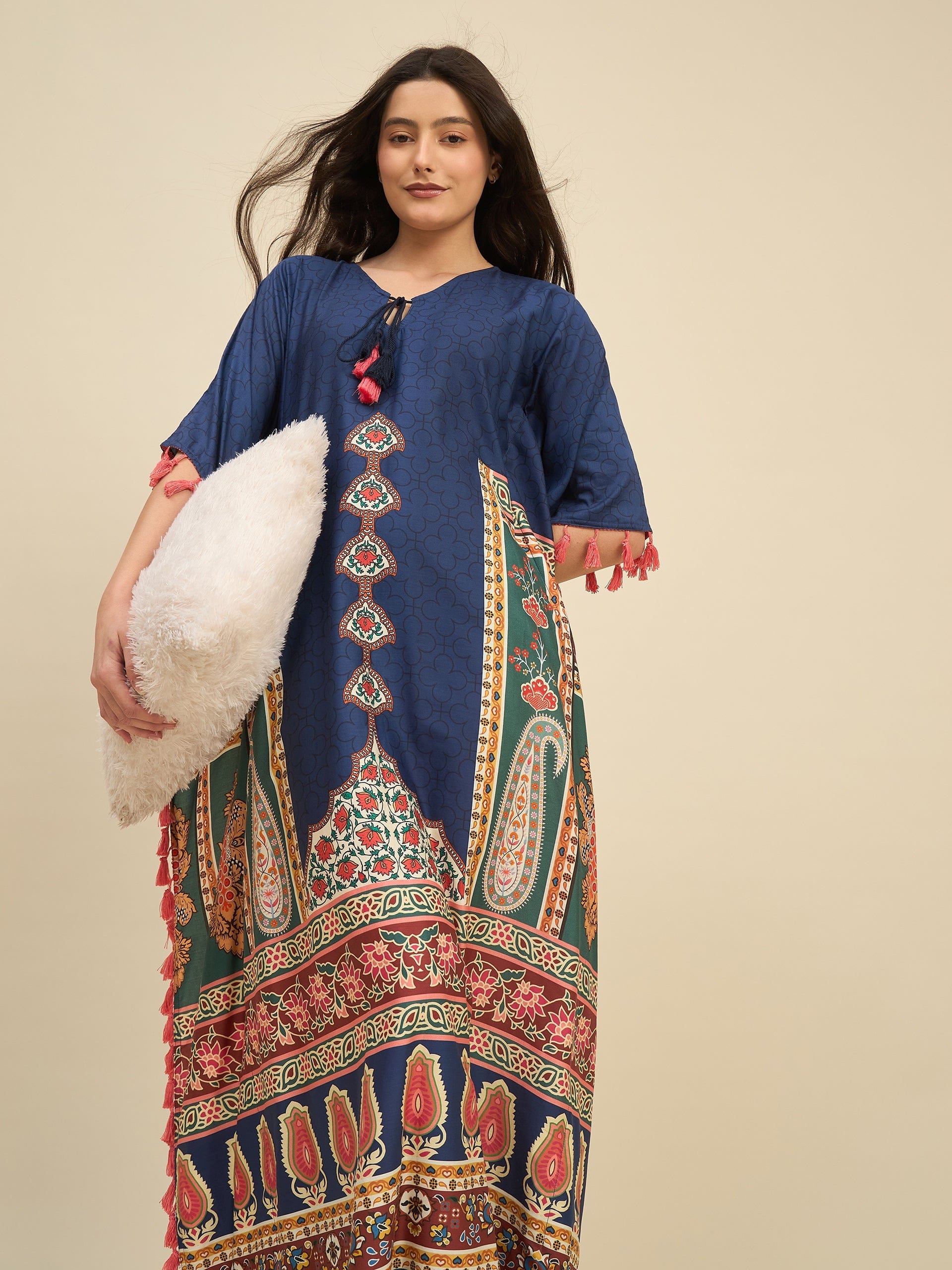 Navy Blue Ethnic Printed Kaftan – Tassel Tie-Up & Statement Borders - Image 5
