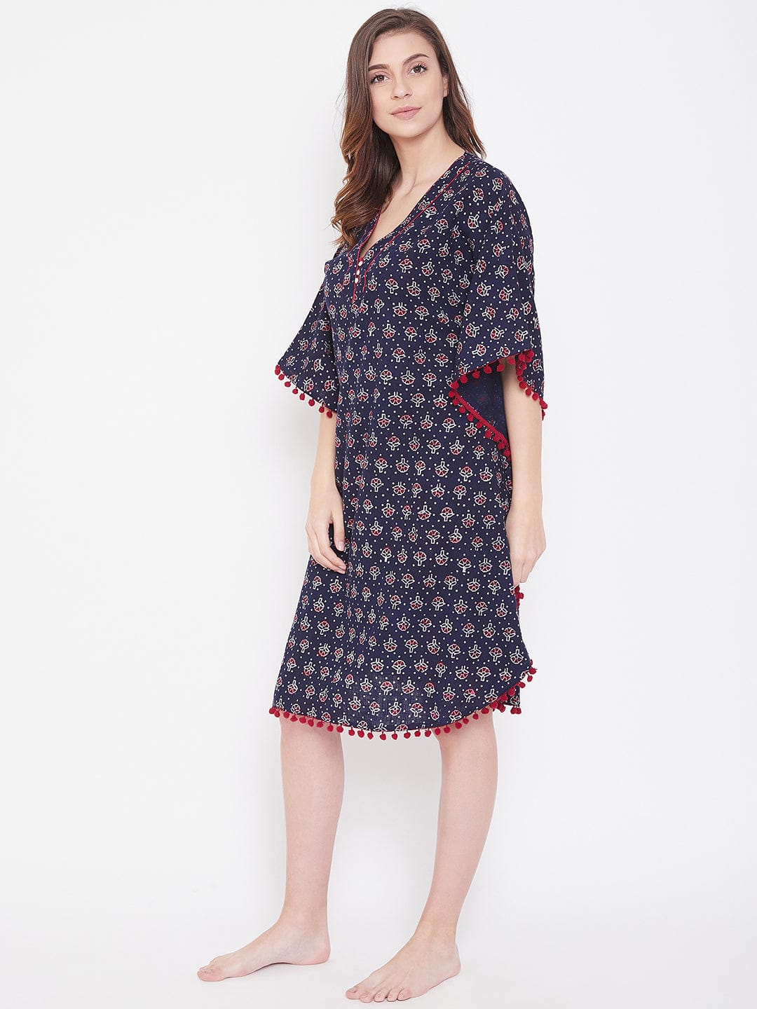 Navy Blue Hand Block Printed Cotton Nightwear Kaftan - Image 3