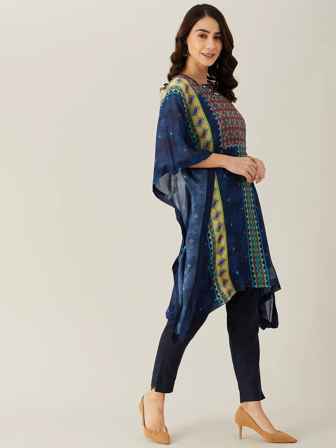 Navy Blue Sequin Embroidery Kaftan Kurta - Image 3