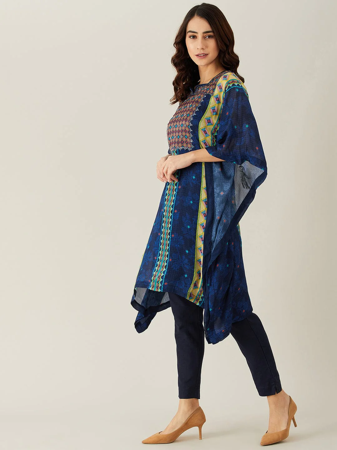 Navy Blue Sequin Embroidery Kaftan Kurta - Image 4