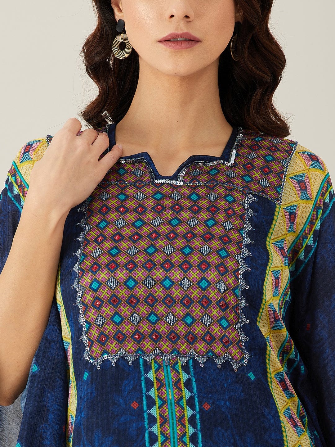 Navy Blue Sequin Embroidery Kaftan Kurta - Image 6