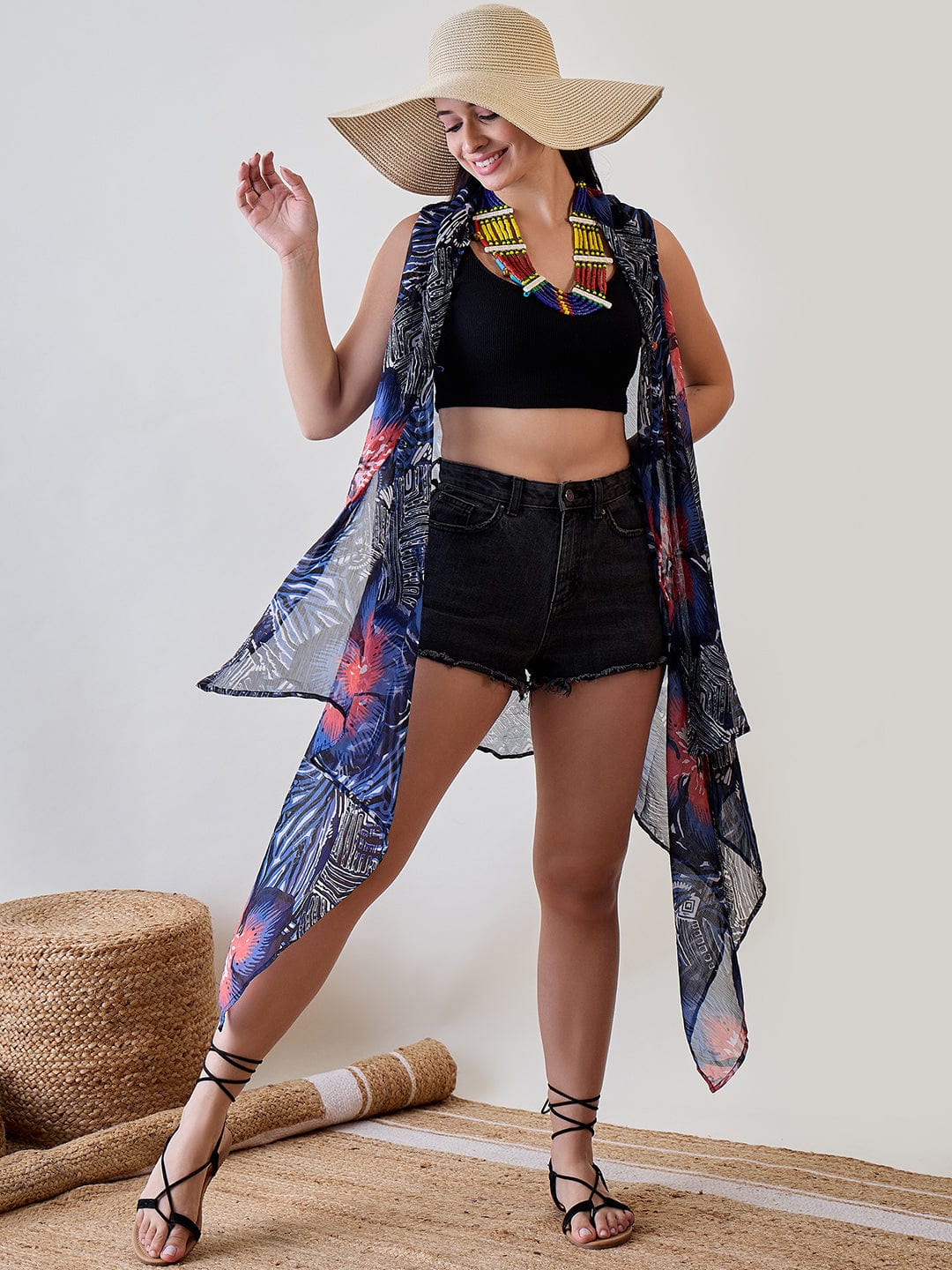 Navy Blue Shibori Printed Georgette Sheer Resort Cover Up - Image 3
