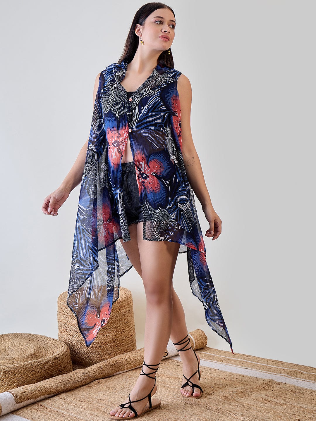 Navy Blue Shibori Printed Georgette Sheer Resort Cover Up - Image 4