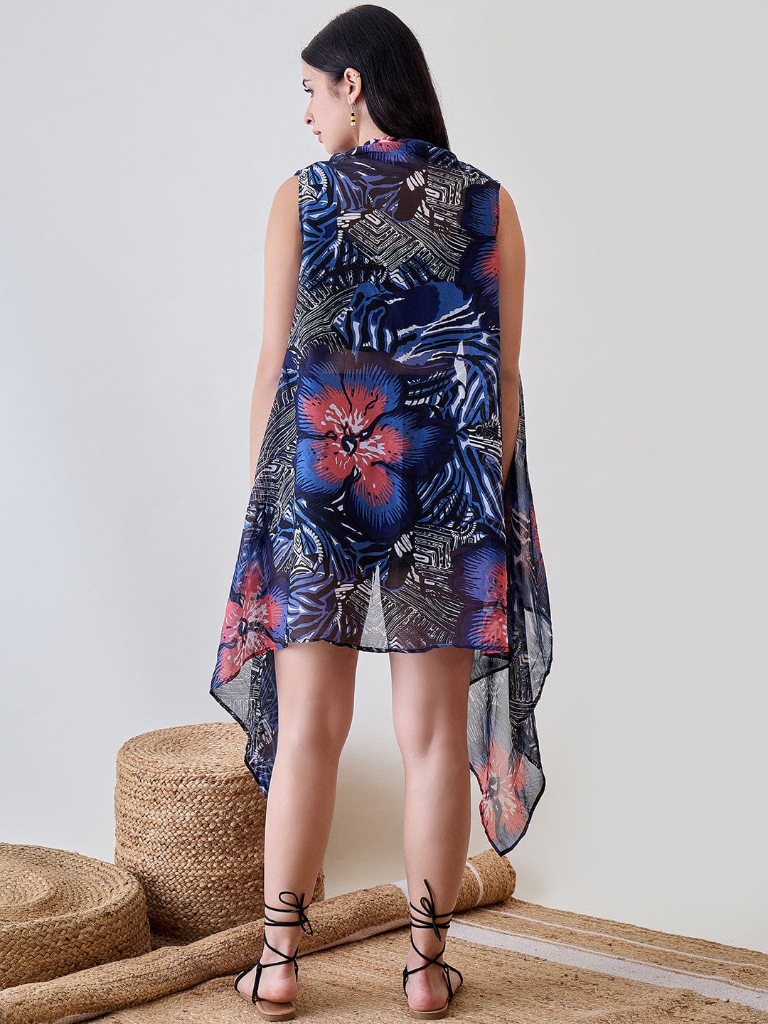 Navy Blue Shibori Printed Georgette Sheer Resort Cover Up - Image 6