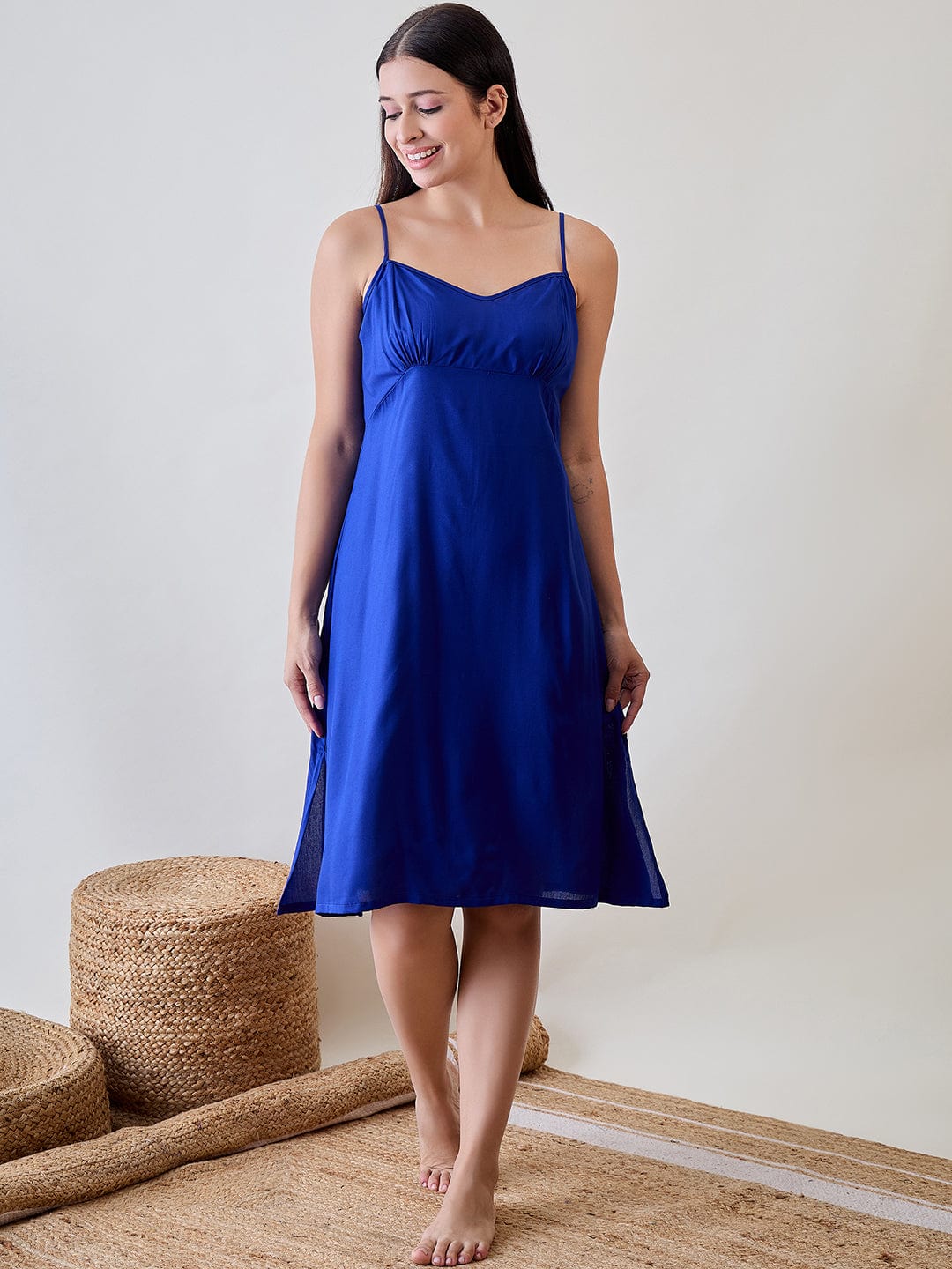 Navy Blue Striped Ruffled Viscose Gown Set - Image 7