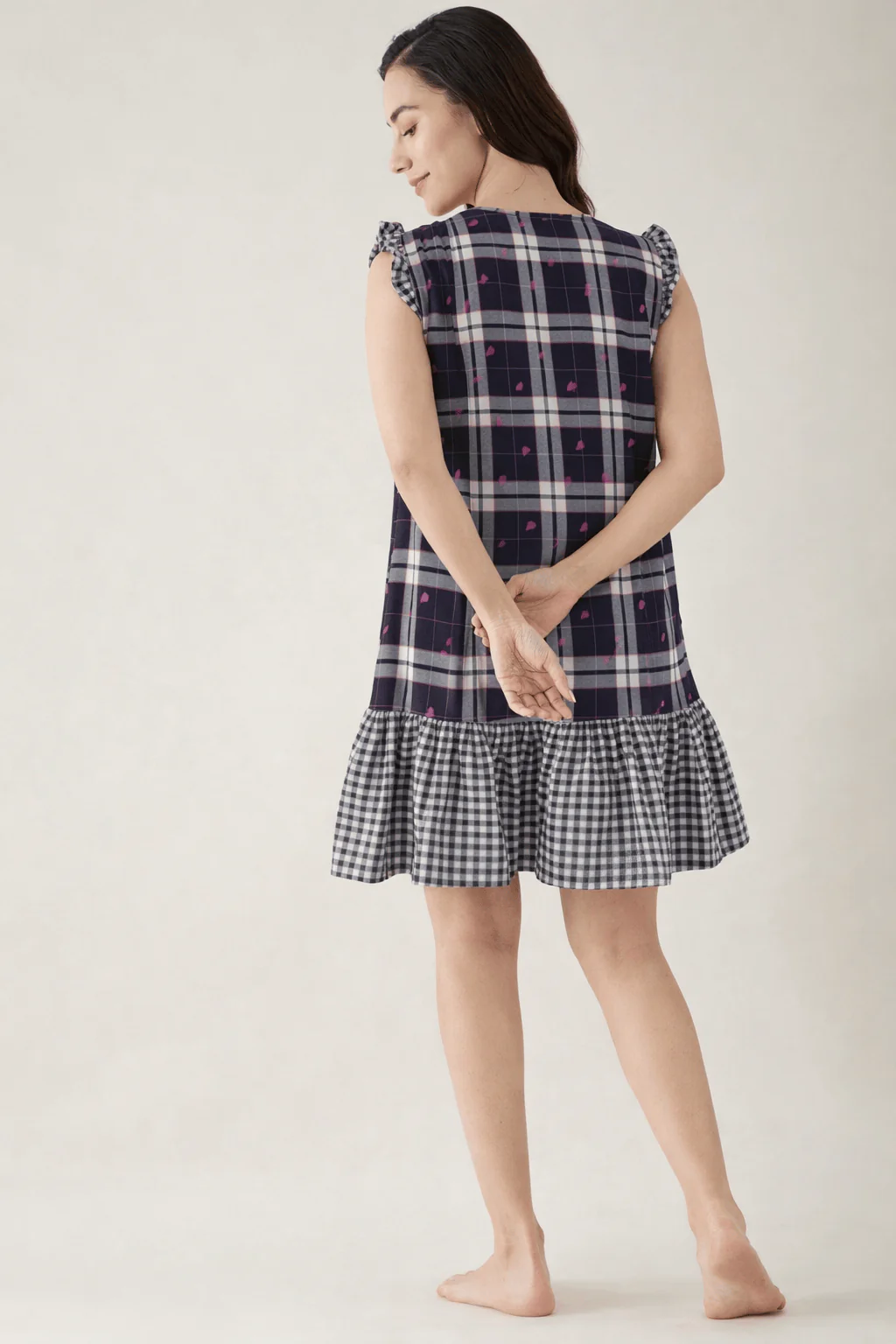 Navy Check Print Cotton Short Nightdress with Ruffle Hem - Image 3