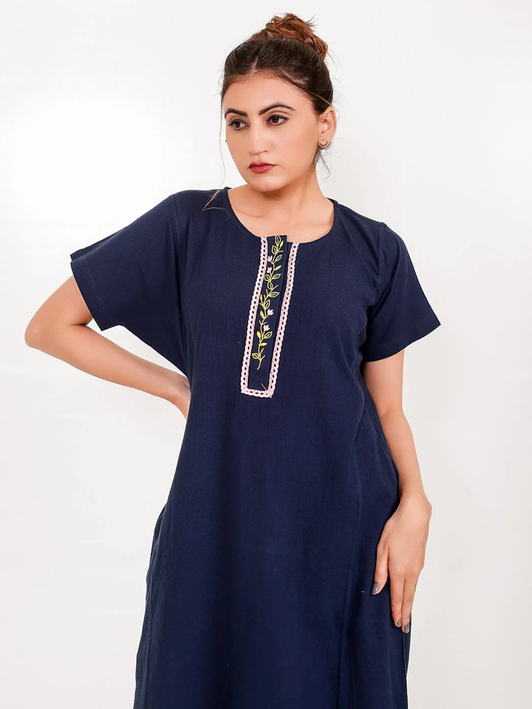 Navy Cotton Nightdress – Hand-Embroidered Placket - Image 5