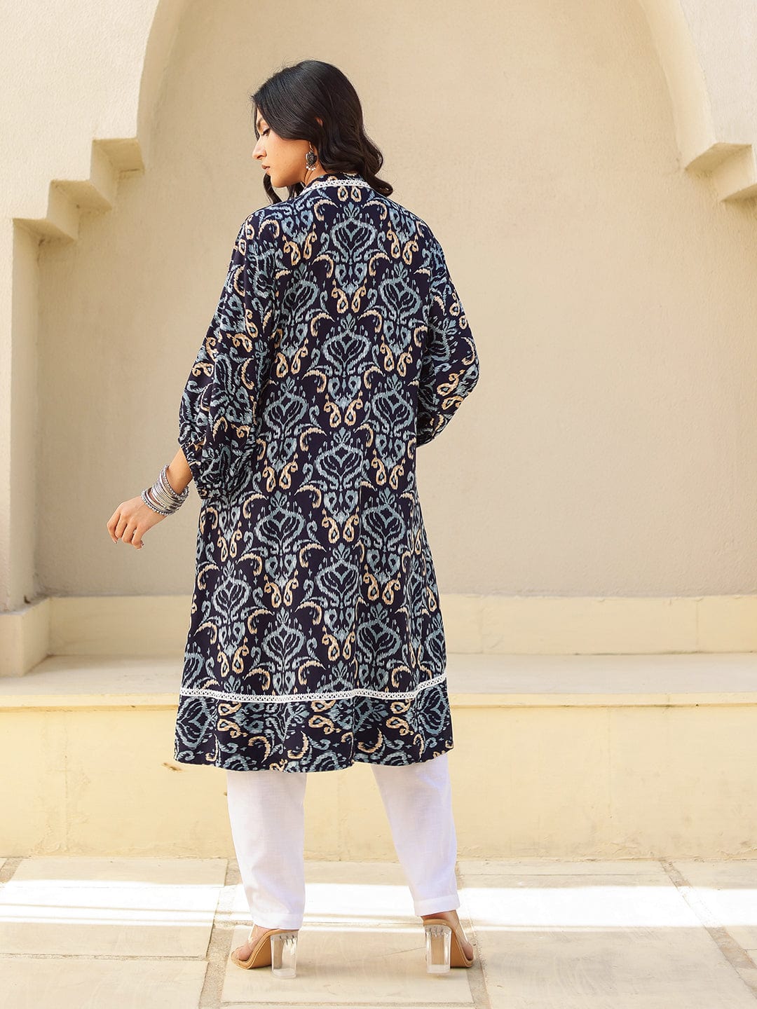 Navy Ikat Print Viscose Kurta with Lace Detail - Image 3