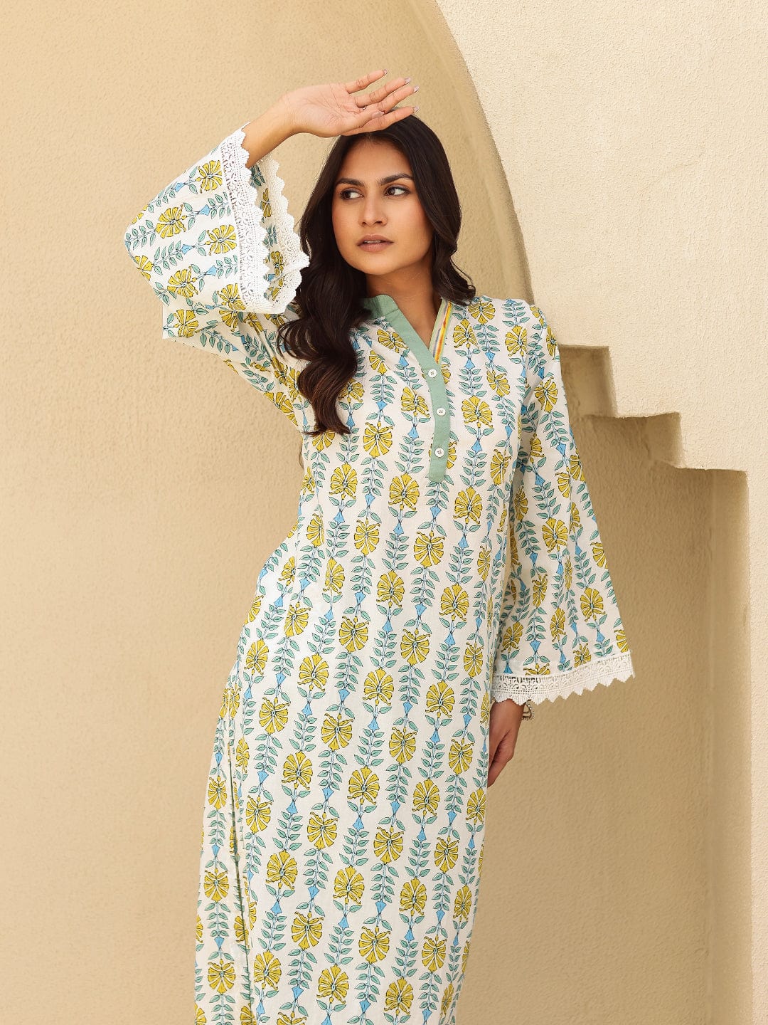 Off White Block Print Cotton Kurta With Lace Trim - Image 5