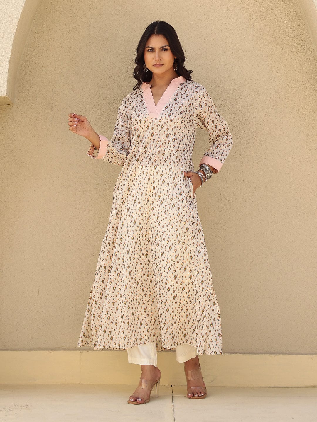 Off White Printed A-Line Cotton Kurta with Pink Contrast - Image 2
