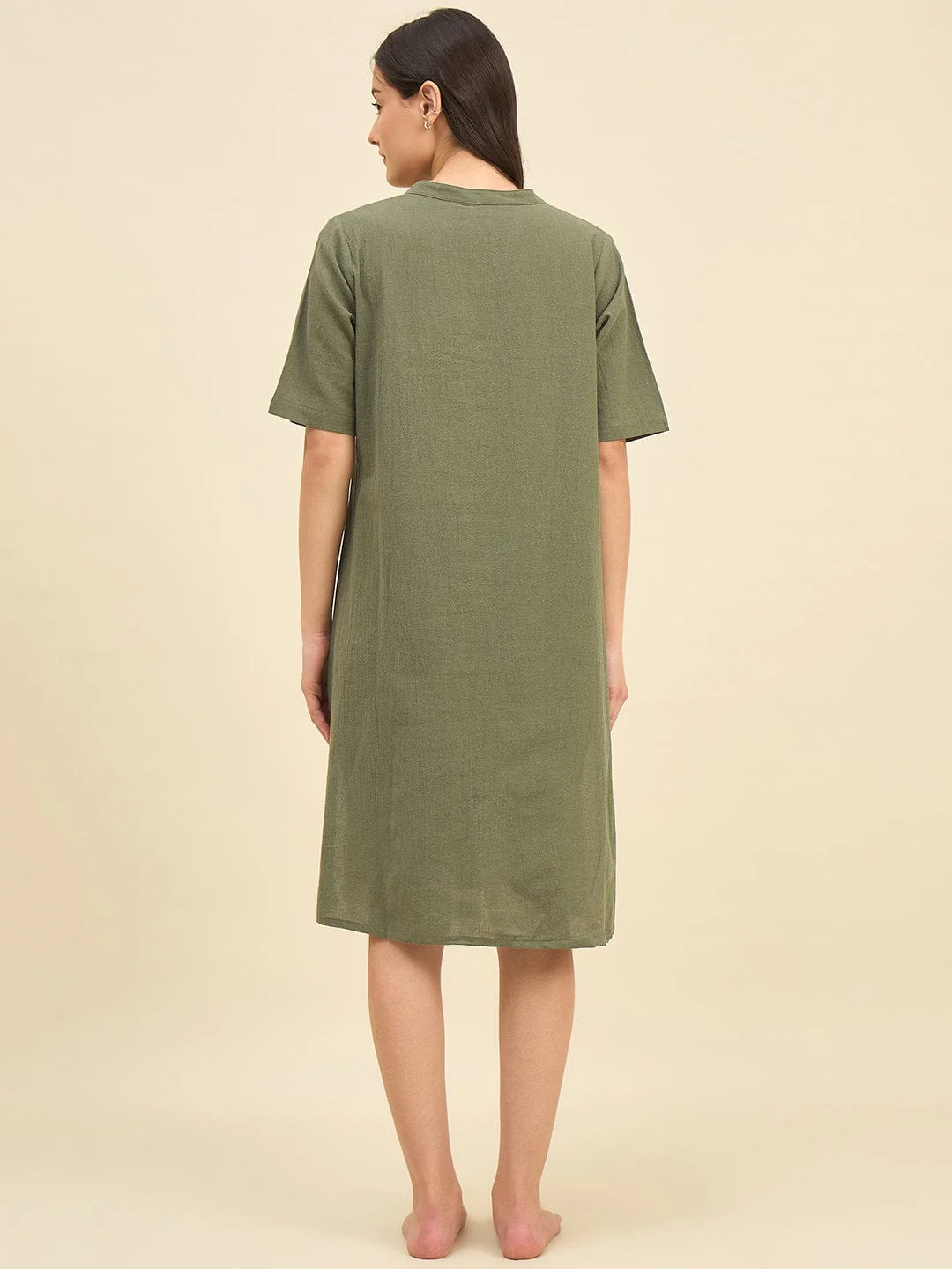 Olive Cotton Nightdress with Embroidered Pocket - Image 4