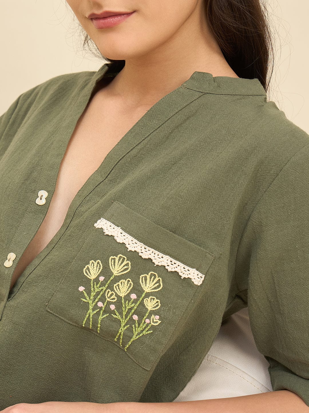 Olive Cotton Nightdress with Embroidered Pocket - Image 5