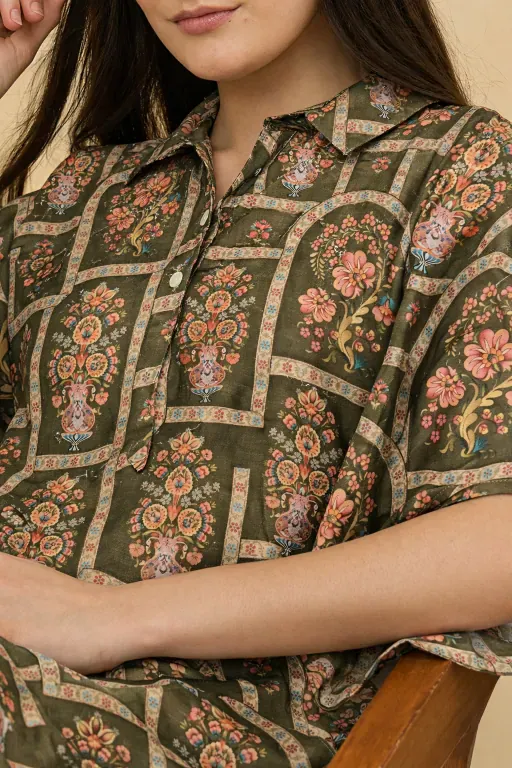 Olive Floral Printed Satin Kaftan Dress - Image 4