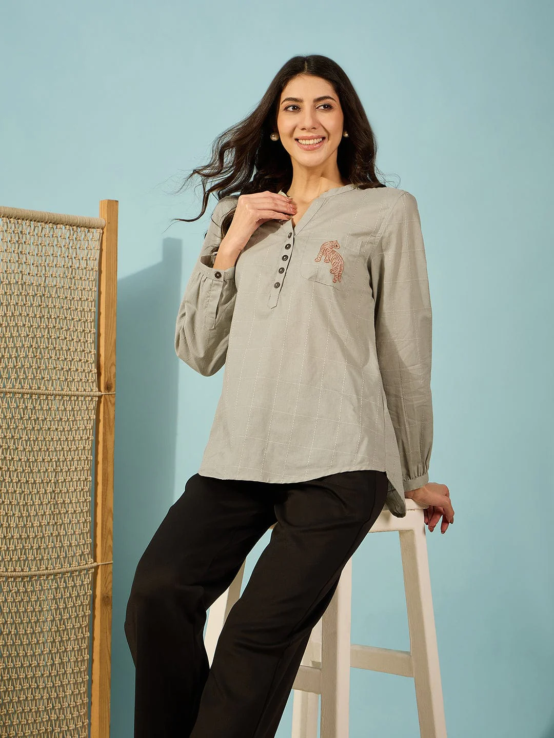 Olive Green Cotton Shirt with Tiger Embroidery - Image 2