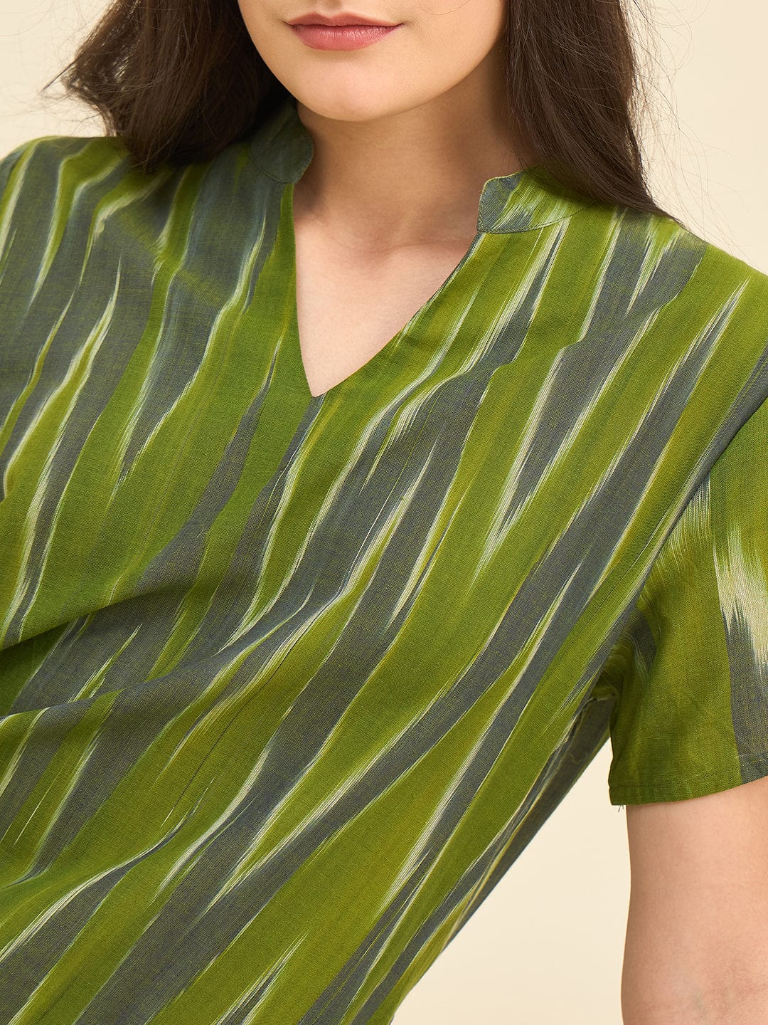 Olive Green Ikat Handloom Cotton Co-ord Set – Puff Sleeve Kurta & Straight Pyjama Pants - Image 5