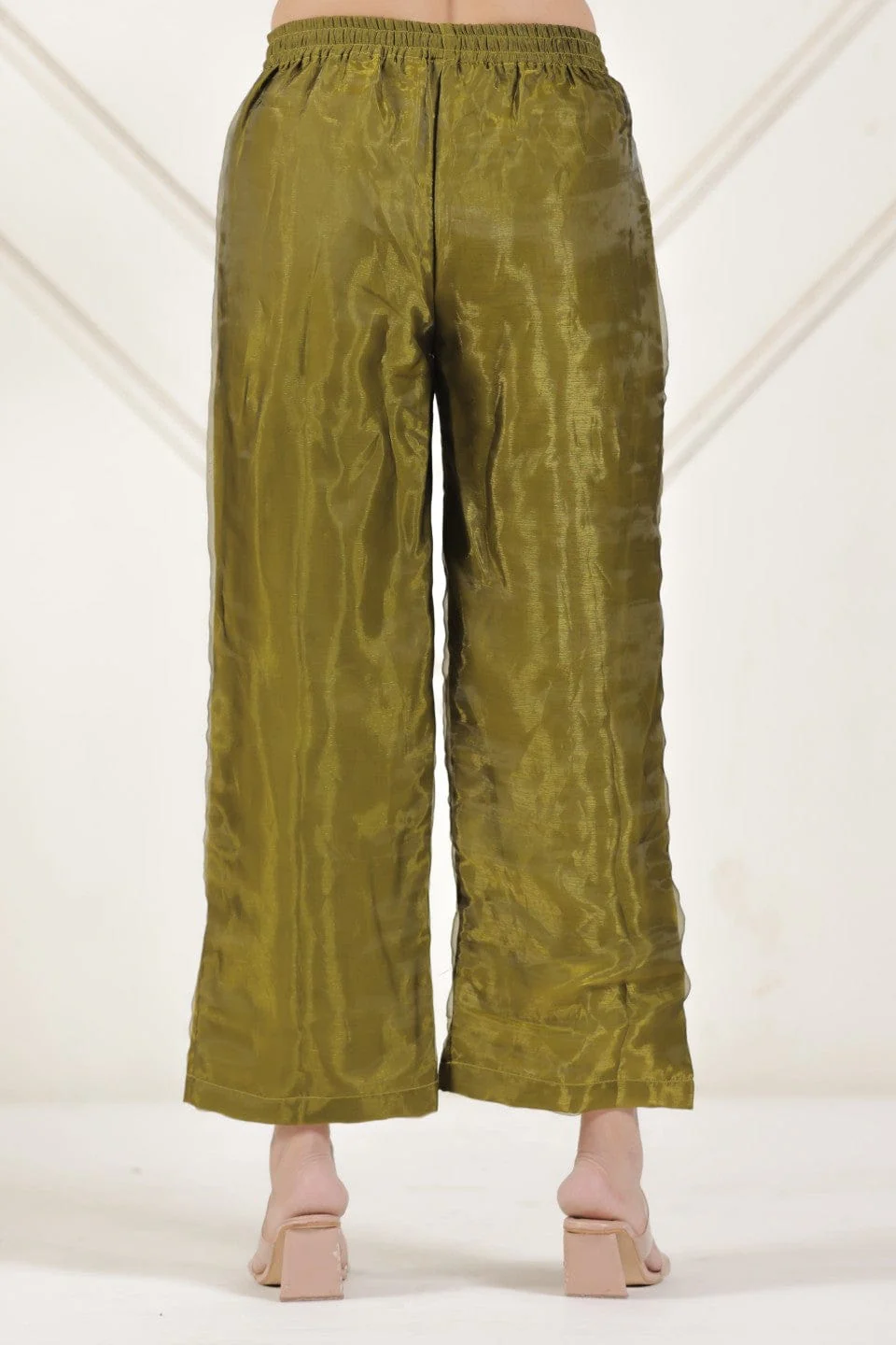 Olive Green Tissue Silk Embroidered Coord Set - Image 5