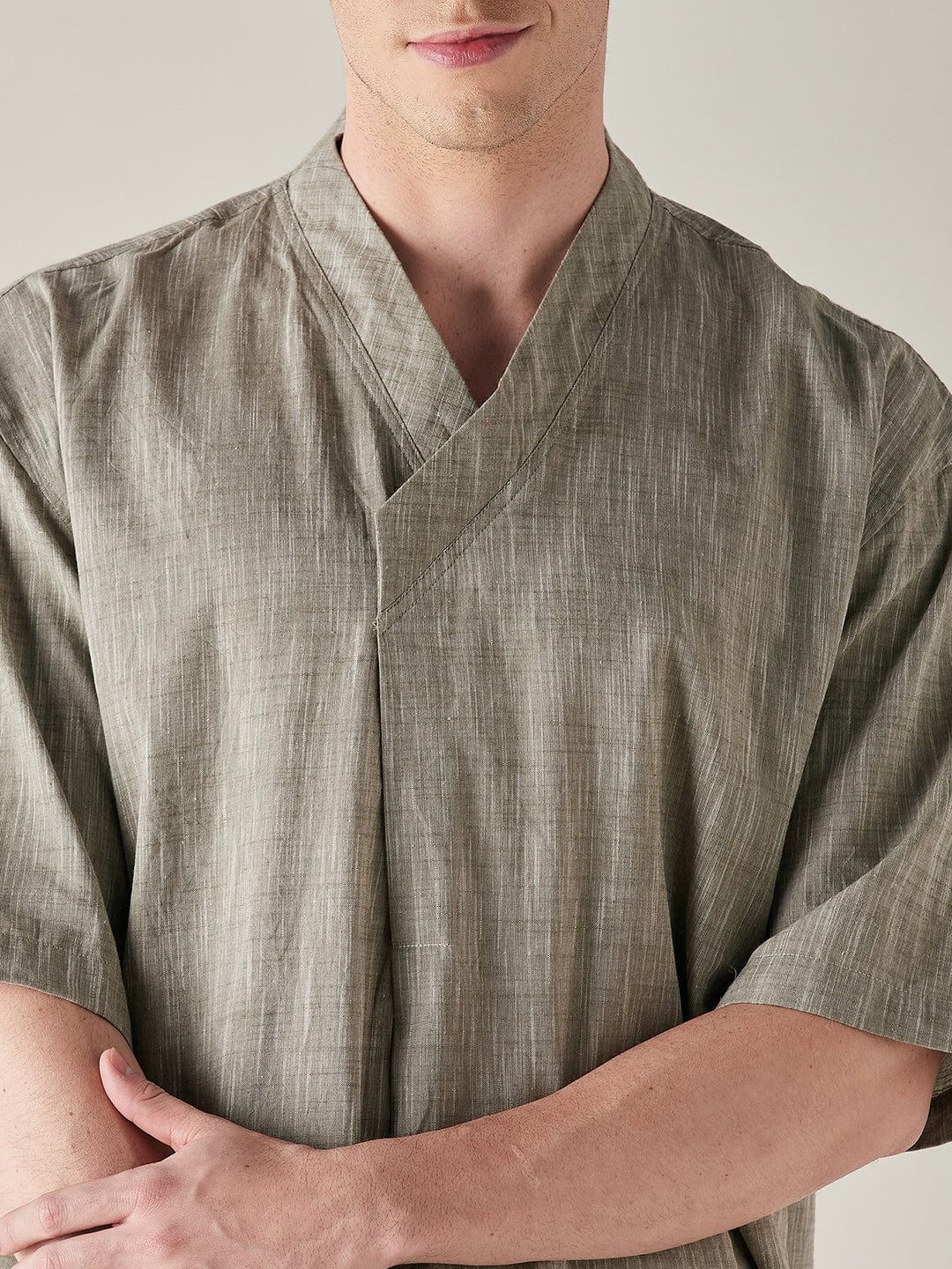 Mens Olive Slub Cotton Angrakha Top and Capri Set - Image 6