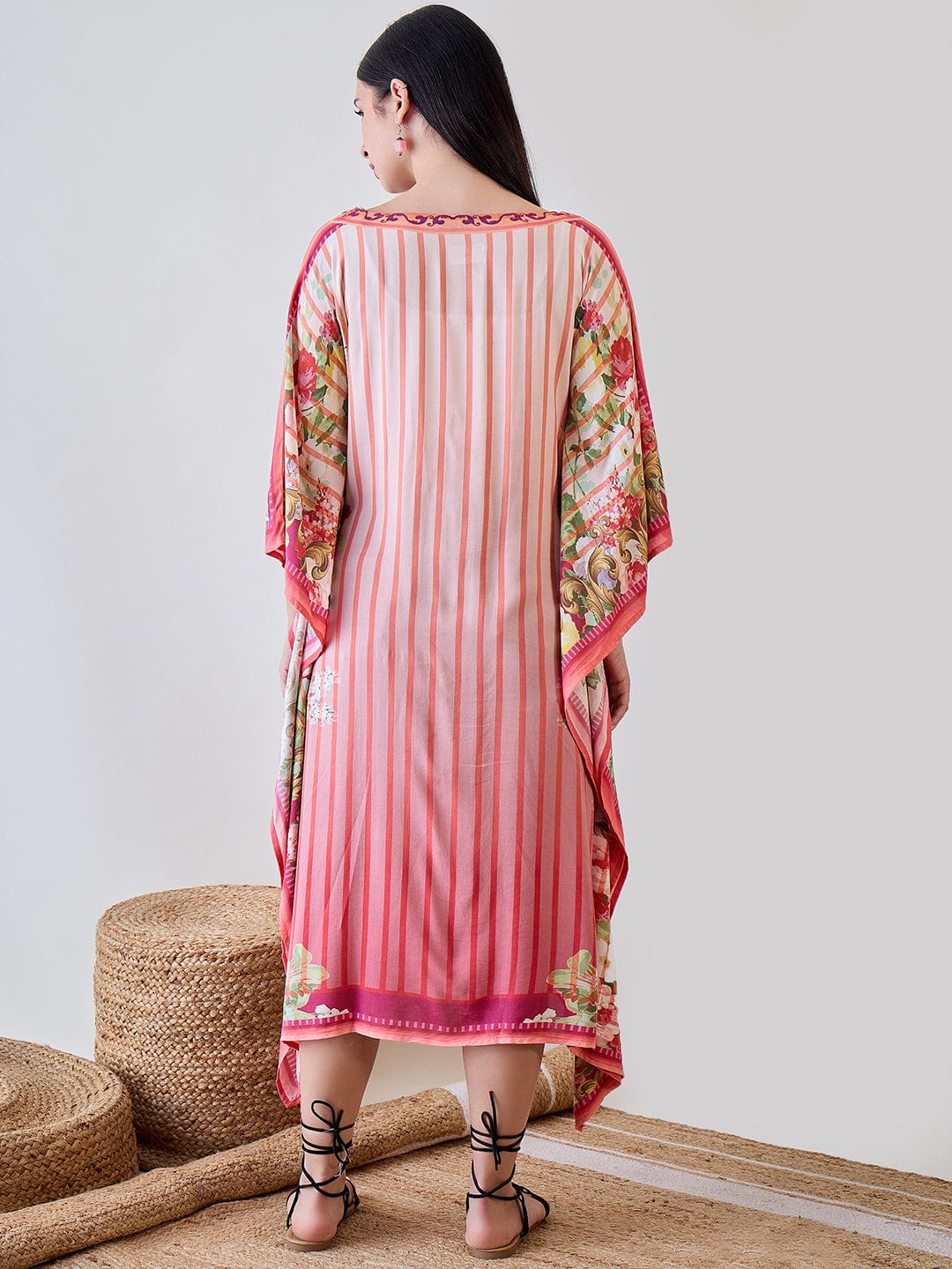 Orange Abstract Striped Viscose Kaftan Resort Coverup - Image 6