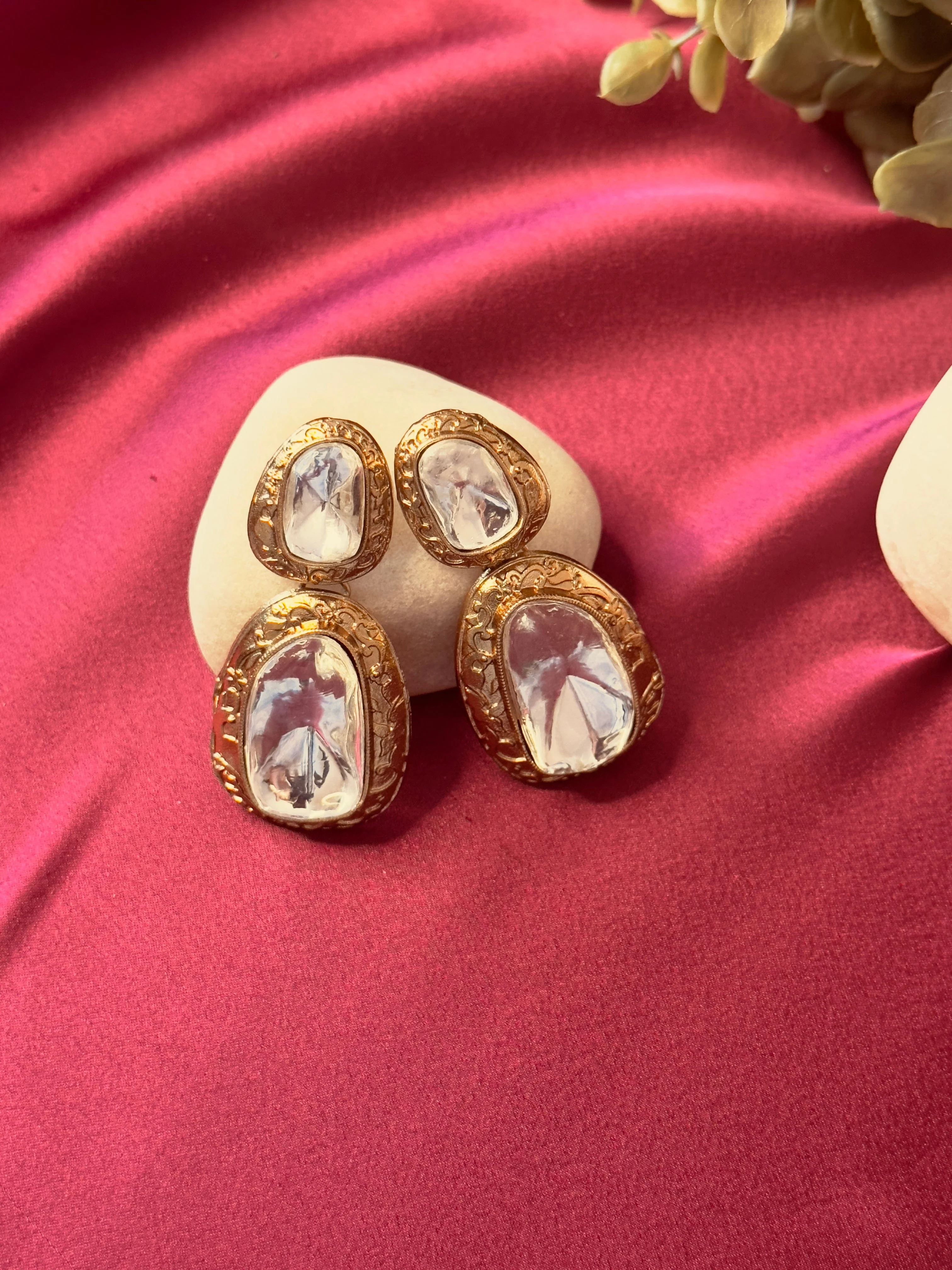 Ornate Uncut Stone Drop Earrings