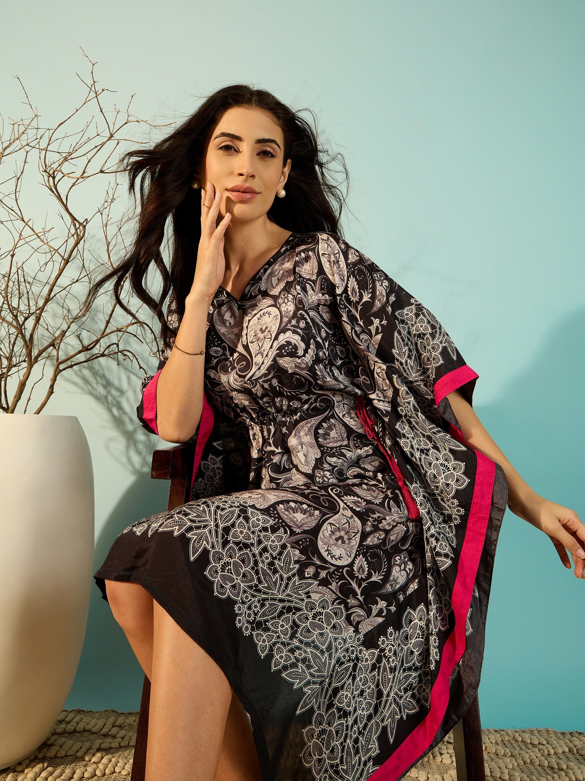 Paisley Printed Black Kaftan Dress For Women - Image 6