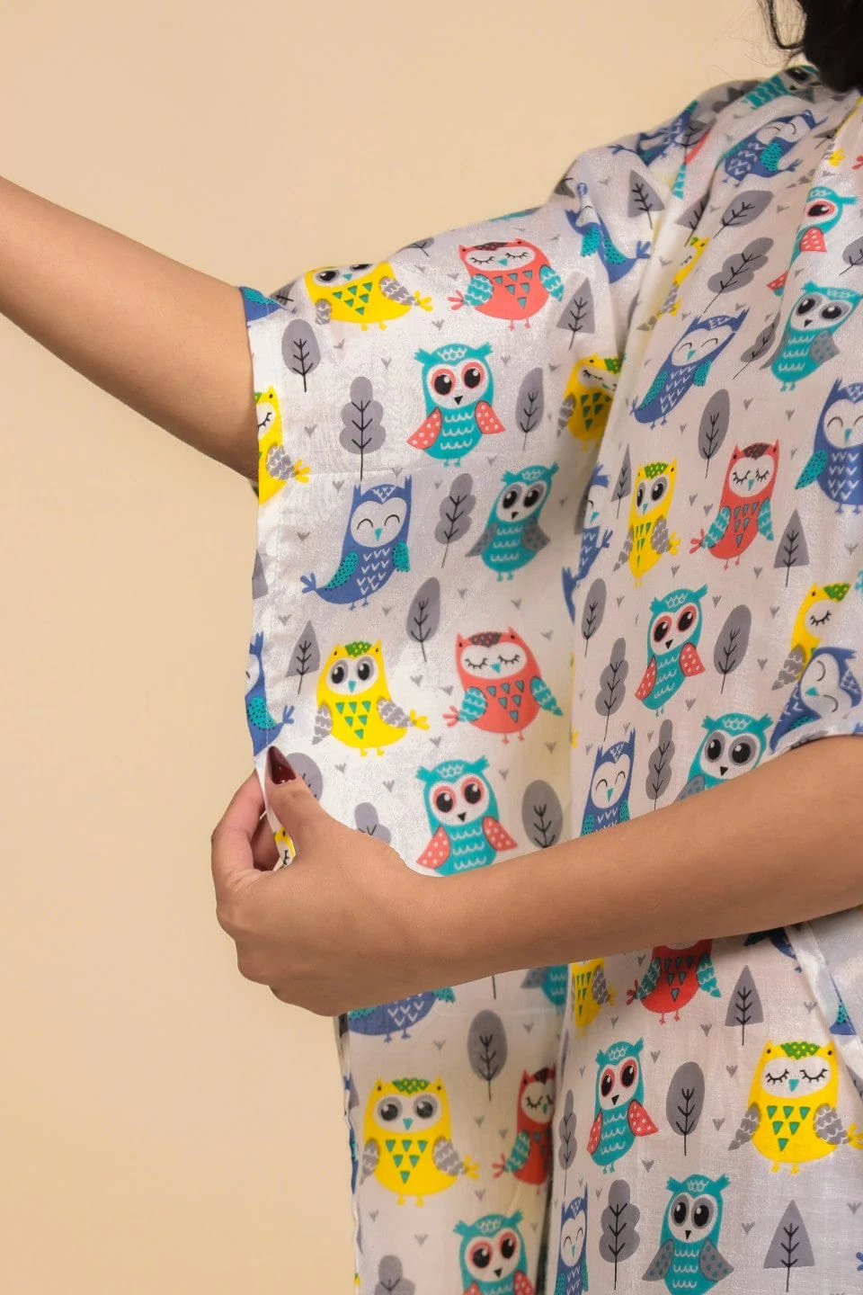 White Playful Owl Print Cotton Lounge Set - Image 5
