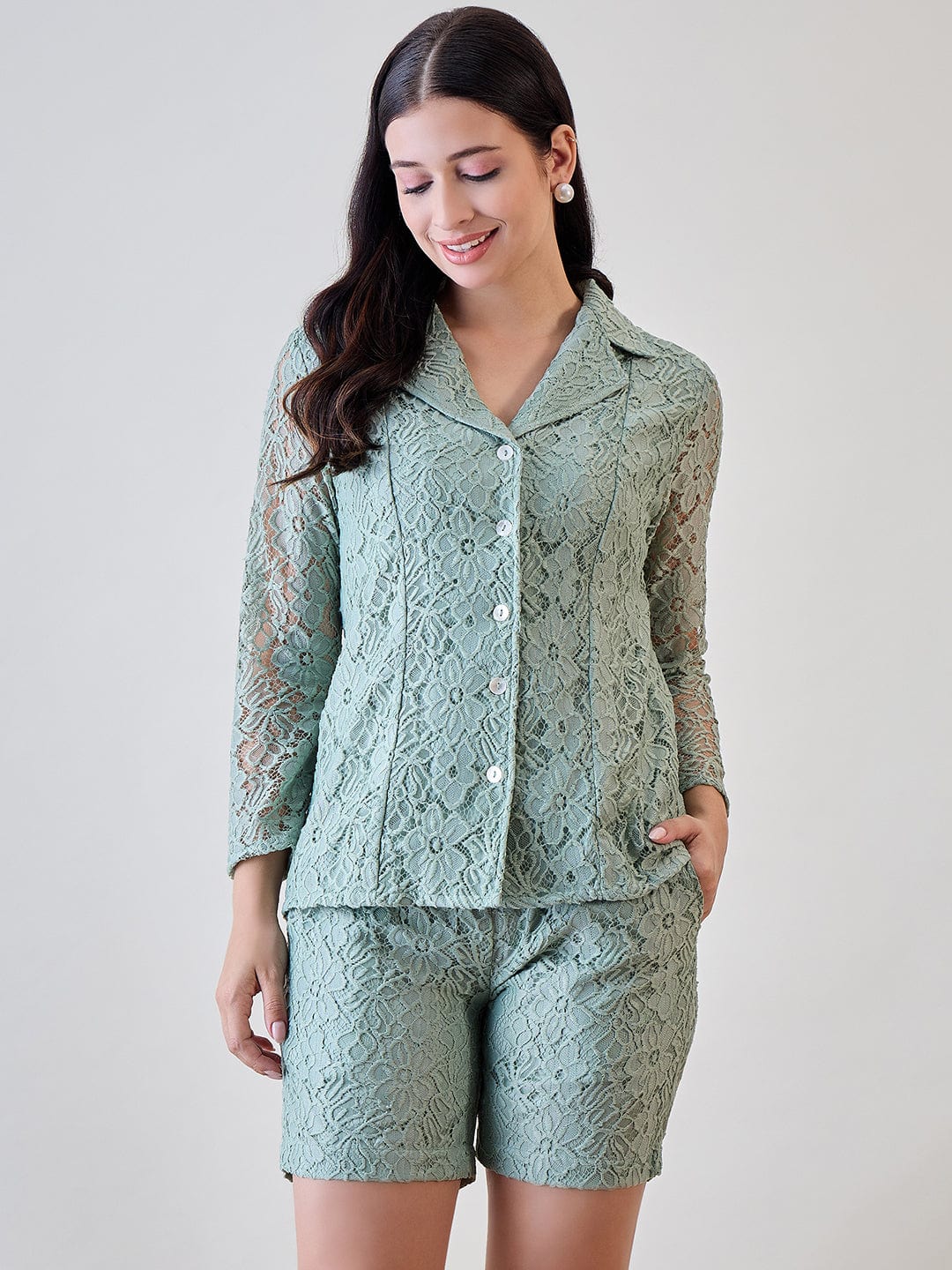 Pastel Green Delicate Floral Lace Jacket and Shorts Cord Set - Image 3