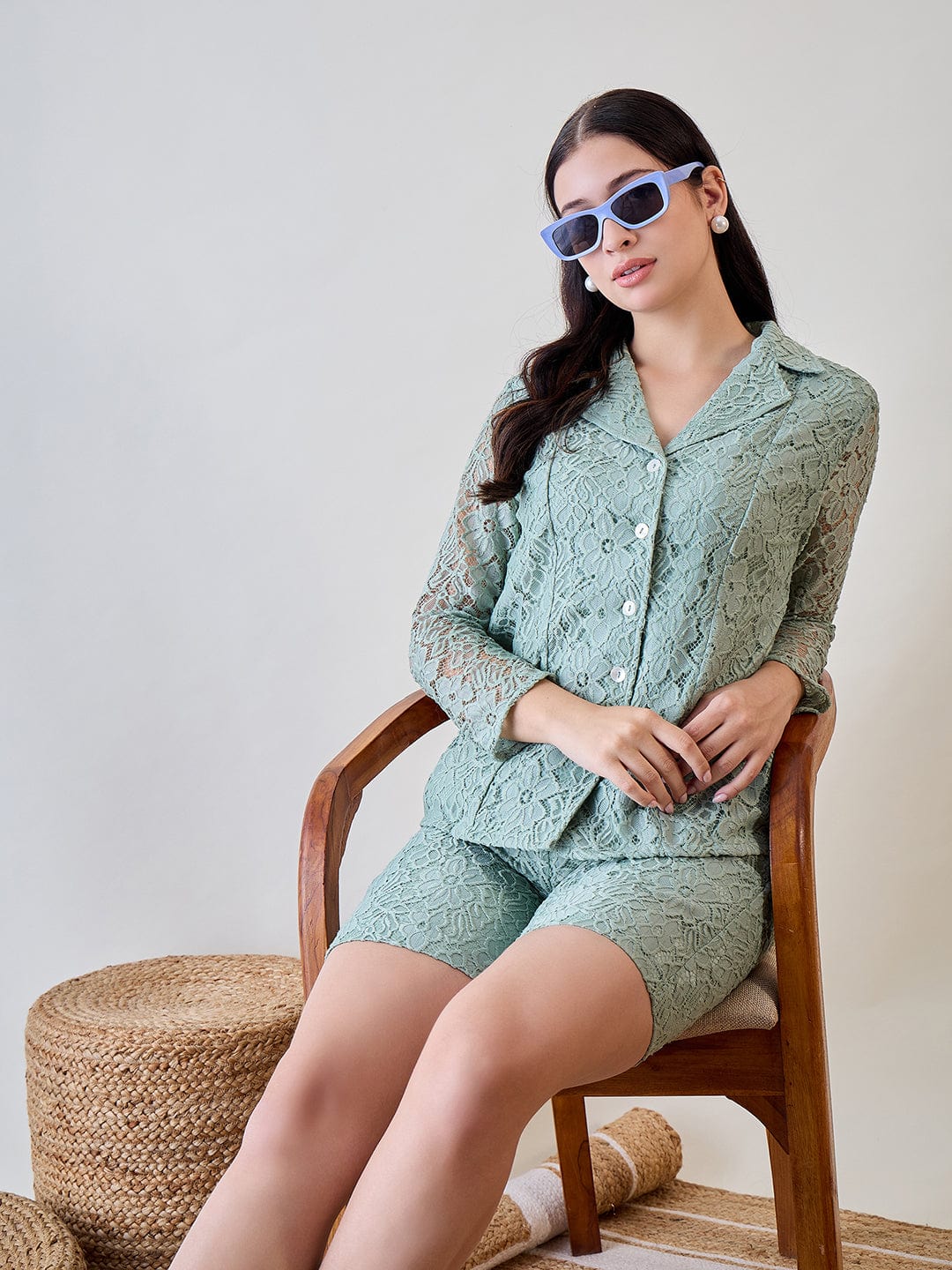 Pastel Green Delicate Floral Lace Jacket and Shorts Cord Set - Image 4