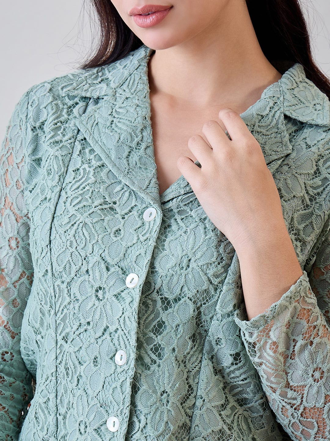 Pastel Green Delicate Floral Lace Jacket and Shorts Cord Set - Image 5