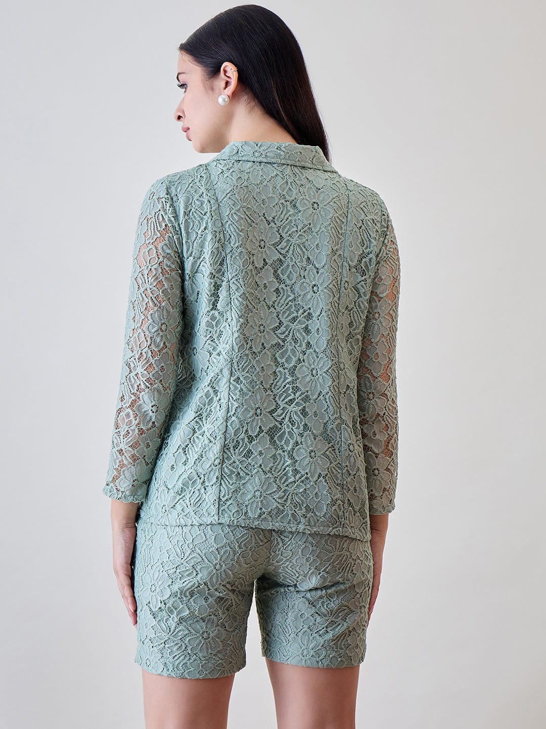 Pastel Green Delicate Floral Lace Jacket and Shorts Cord Set - Image 7