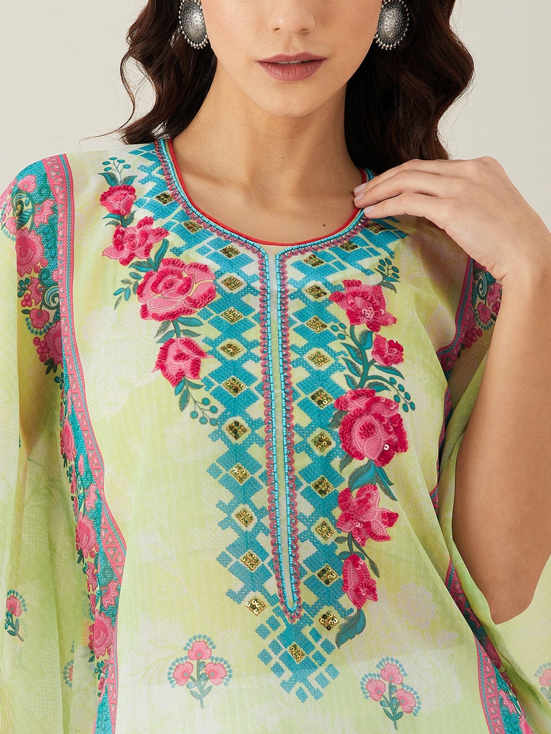 Pastel Green Flora Hand Embroidered Kaftan Kurta - Image 6