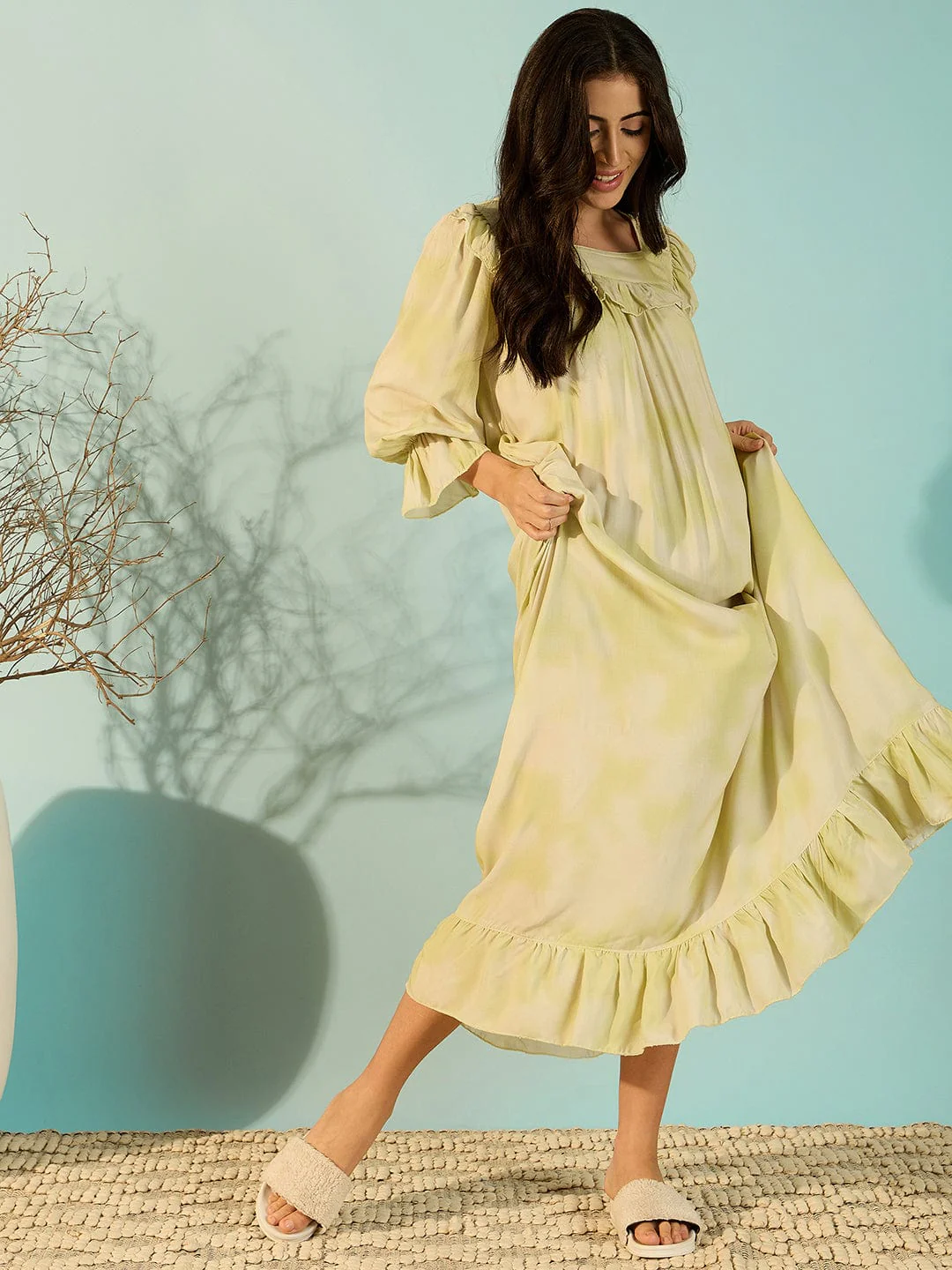 Pastel Yellow Soft Frill Luxury Night Dress For Women - Image 3