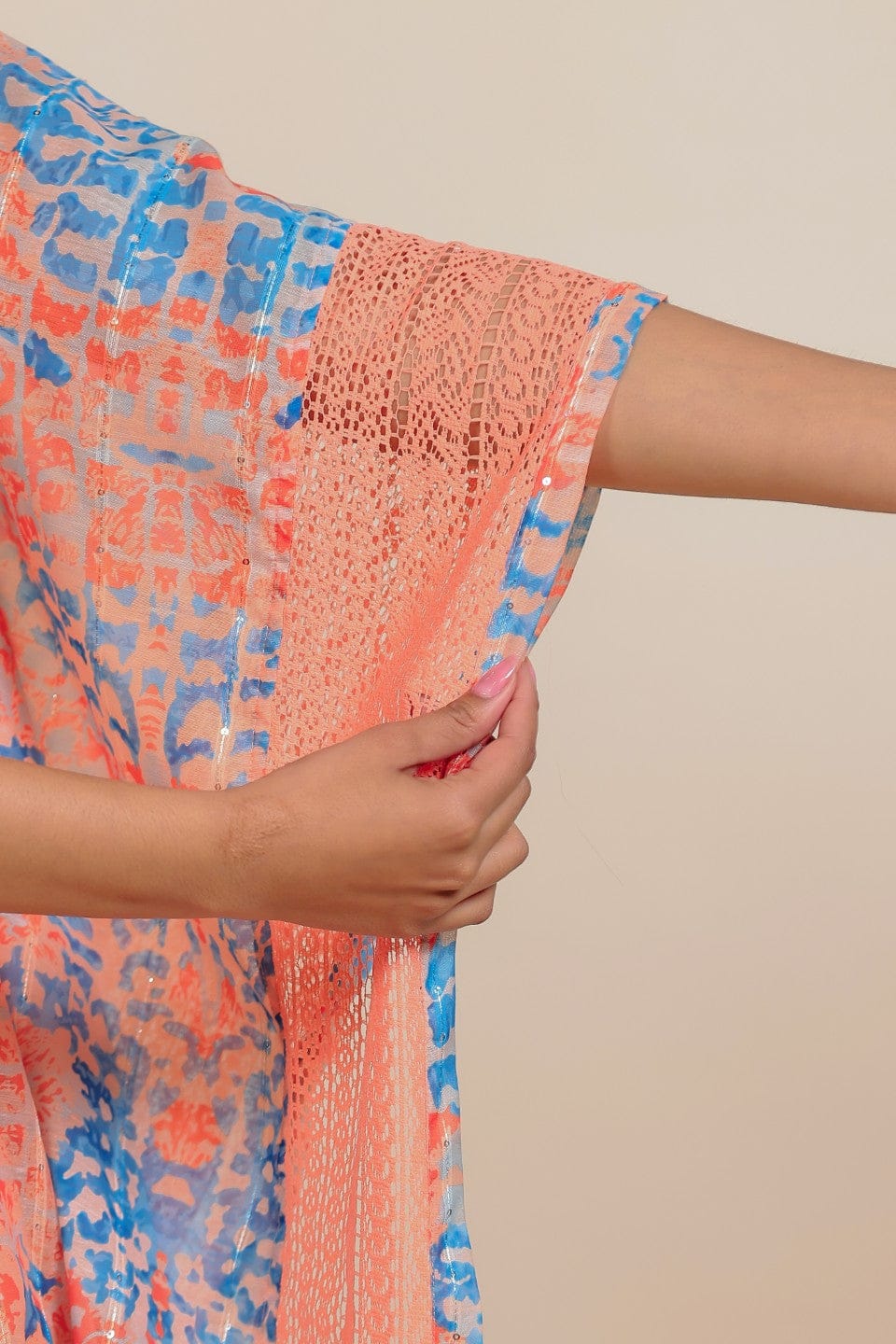 Peach and Blue Abstract Printed Kaftan Nightdress with Slip Inner - Image 4