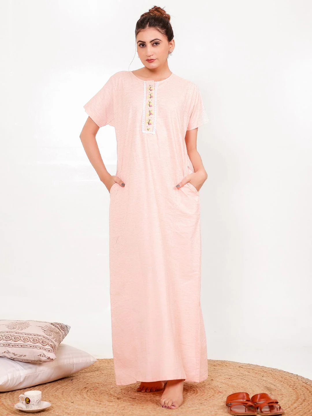 Peach Cotton-Viscose Nightdress – Embroidered Placket - Image 7