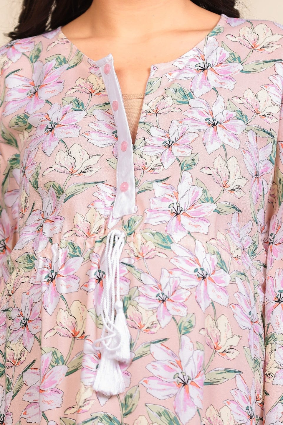 Peach Floral Print Viscose Maternity Kaftan with Tassel and Lace Details - Image 5