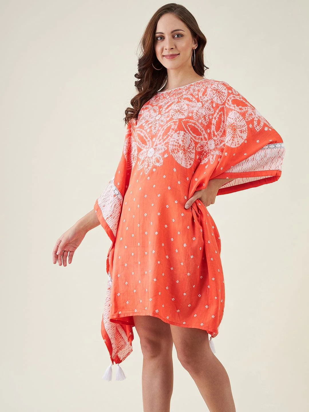 Peach Floral Shibori Tie-dye Kaftan Dress - Image 3