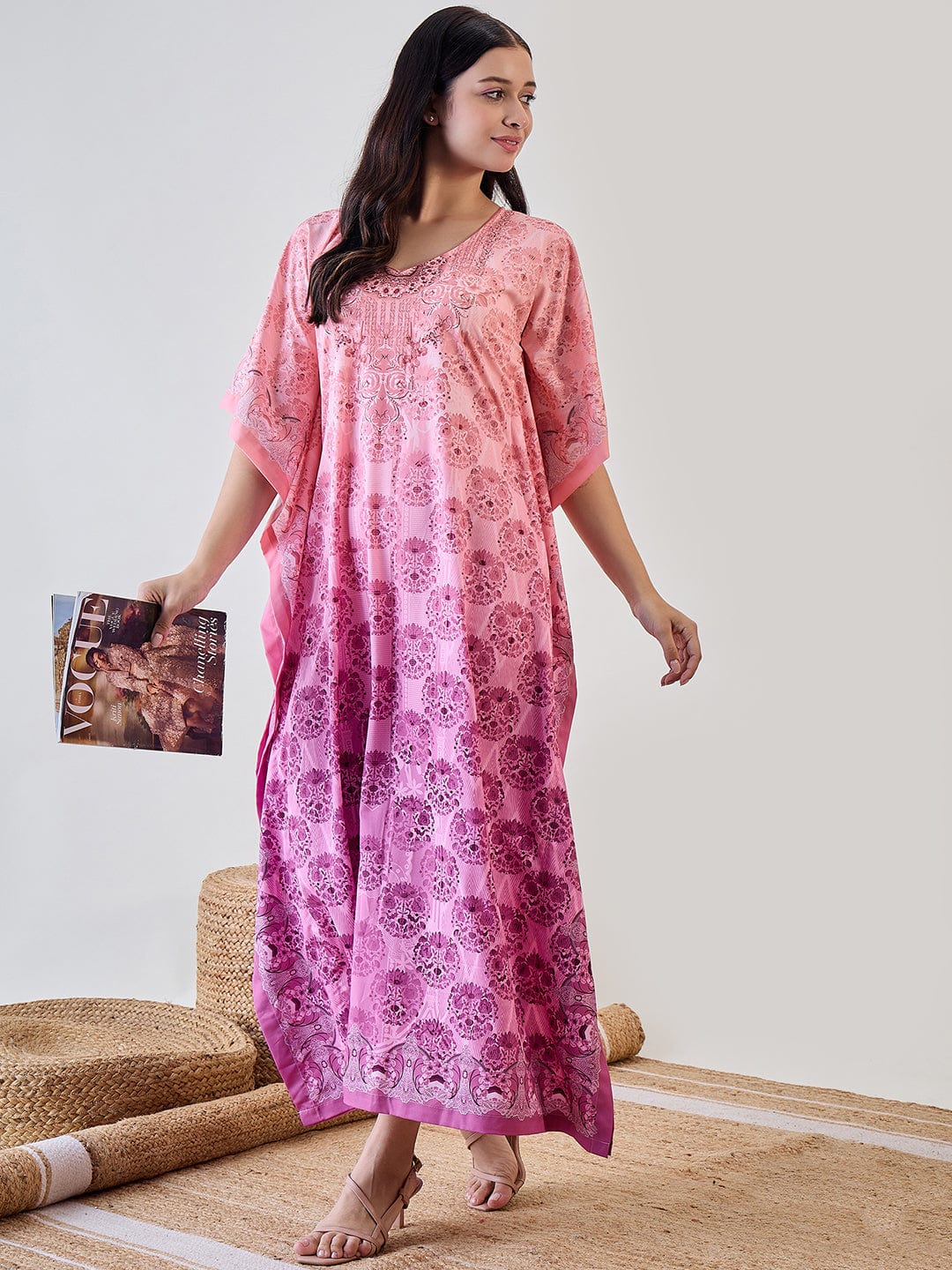 Peach Intricate Printed Crepe Kaftan Nightdress - Image 2