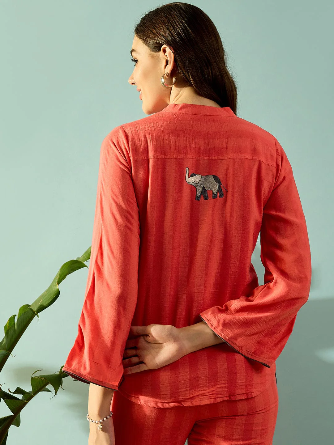 Peach Self Striped Elephant Embroidered Coord Set - Image 5