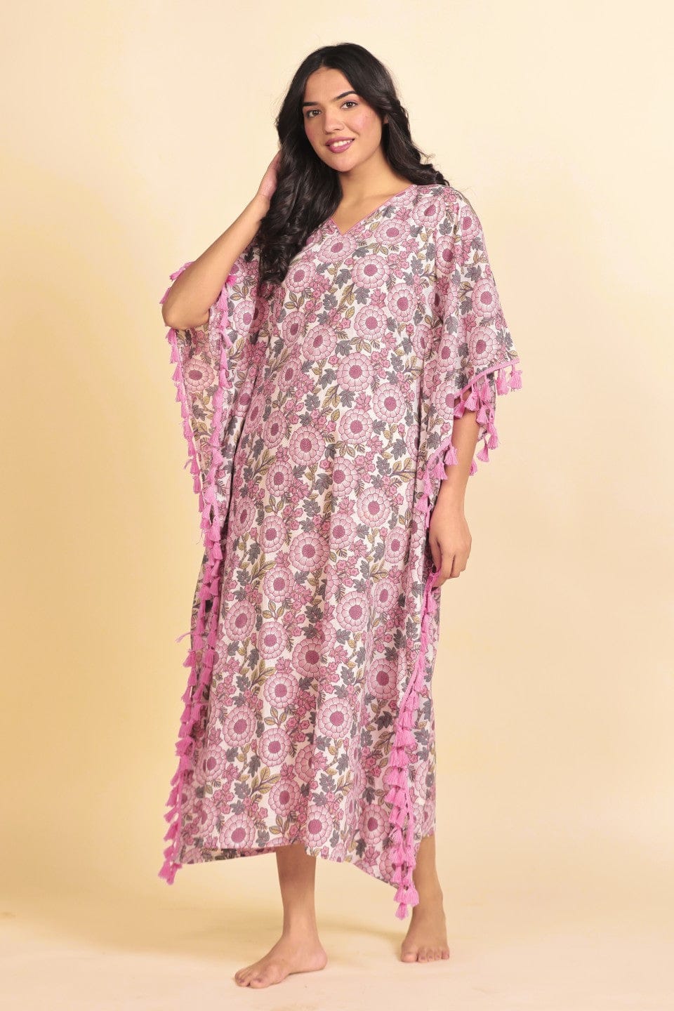 Pink and Grey Floral Print Cotton Kaftan with Tassel Side Borders - Image 2