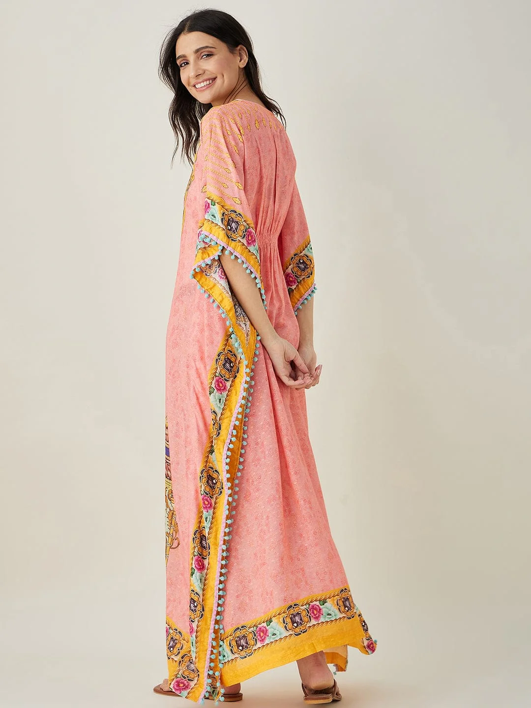 Peach and Yellow Ornate Floral Kaftan - Image 4