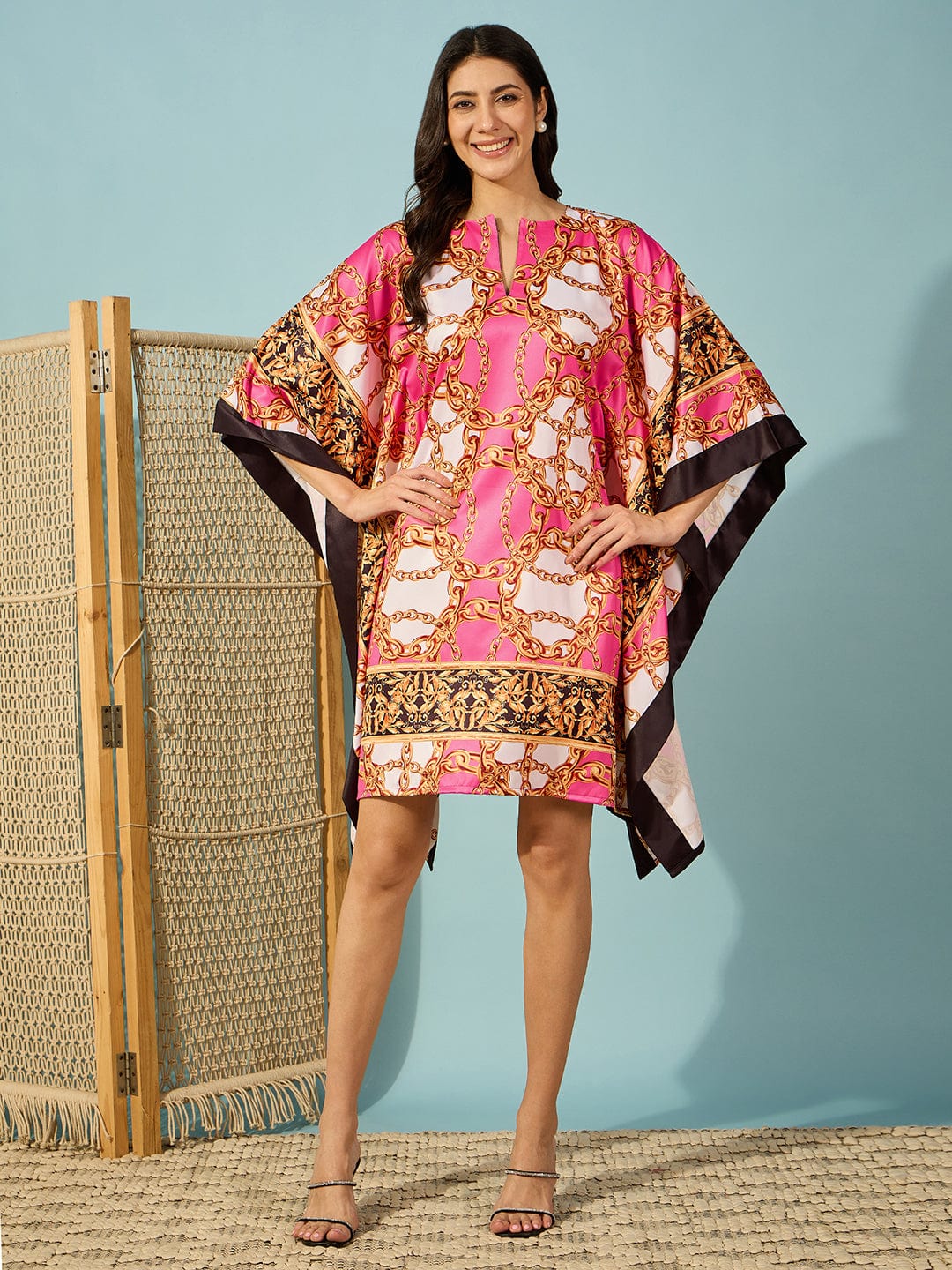 Pink Chain Baroque Printed Satin Kaftan Dress - Image 3