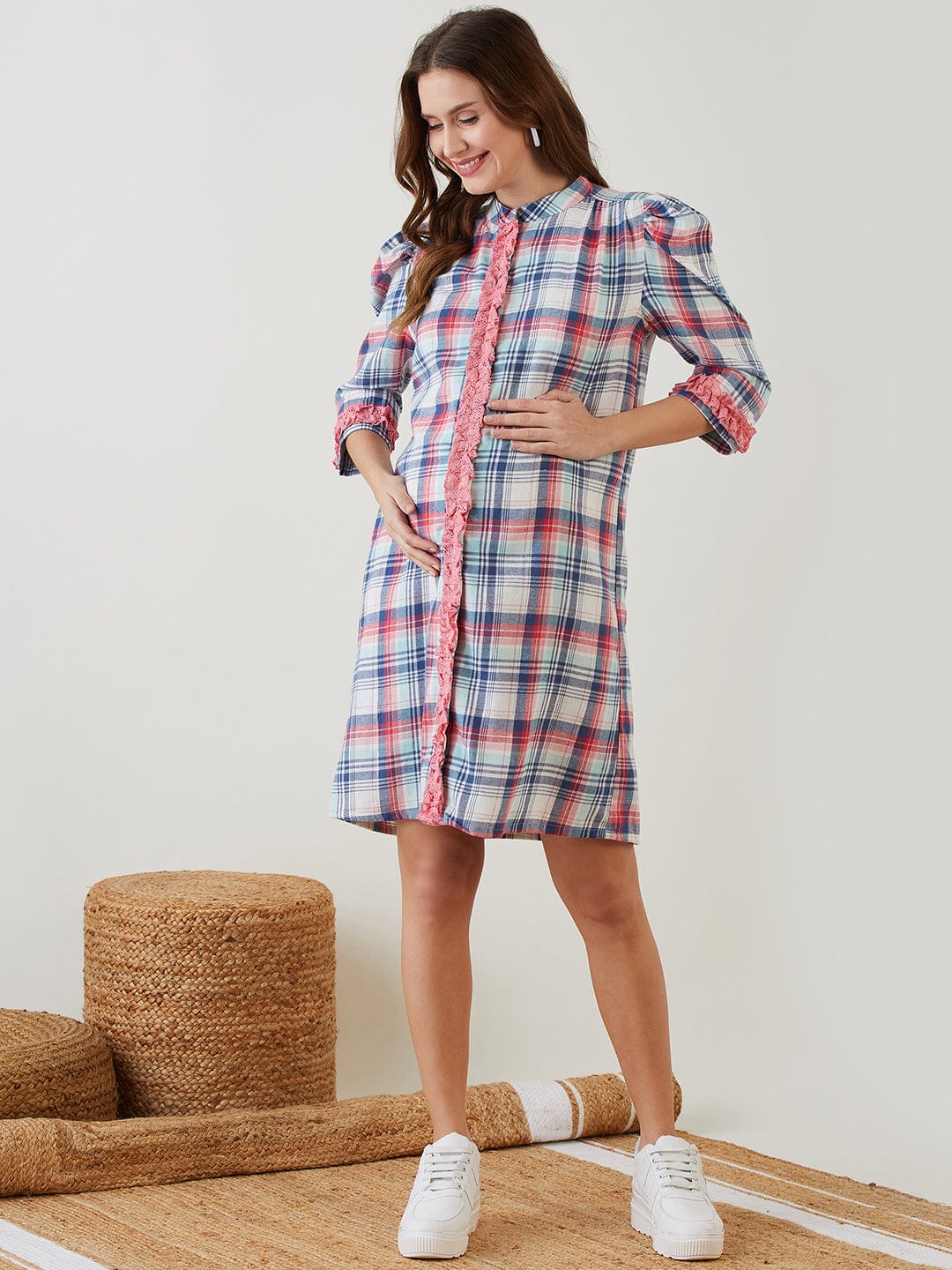 Pink Checked Ruffled Nursing Dress - Image 3