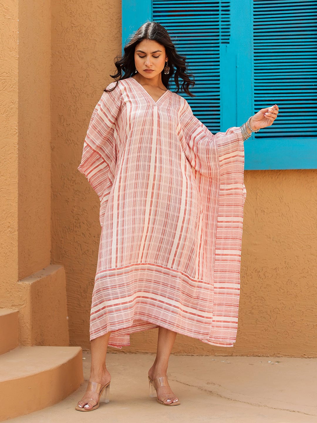 Pink and White Striped Cotton Kaftan Dress - Image 6